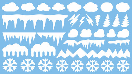 Winter weather elements clouds snow and icicles illustrated in white © PRODIP