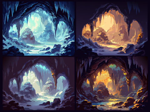 Four concept art panels depicting stylized illuminated ice and lava caves