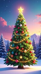 Obraz premium A decorated Christmas tree in a snowy landscape at sunset