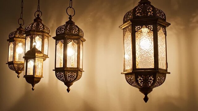 Elegant Moroccan Style Hanging Lanterns with Intricate Metalwork and Textured Glass Illuminating