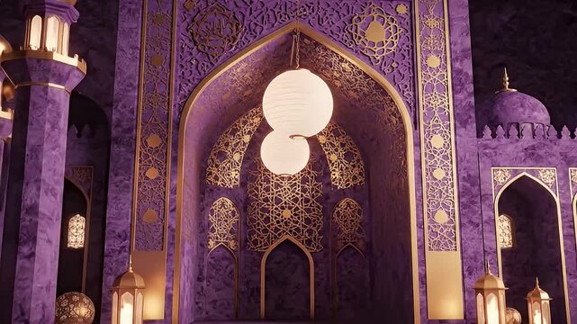 Elegant Purple Islamic Mosque Interior with Traditional Lanterns and Ramadan Decorations, Gold
