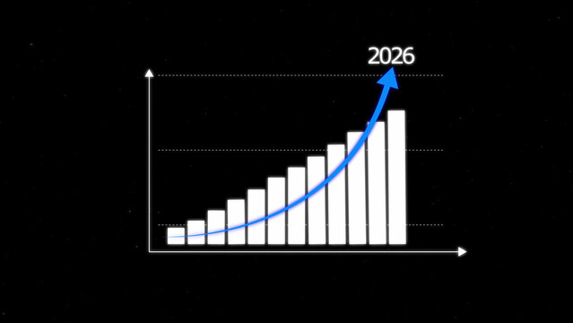 Upward trending bar graph with a bright blue arrow indicating growth towards the year 2026 on a dark speckled background