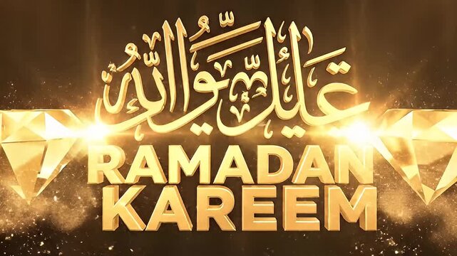 Elegant Ramadan Kareem greeting with opulent golden Arabic calligraphy and sparkling diamonds