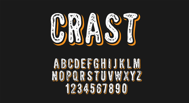 Crast Distressed Font - White Textured Alphabet with Orange Shadow on Black