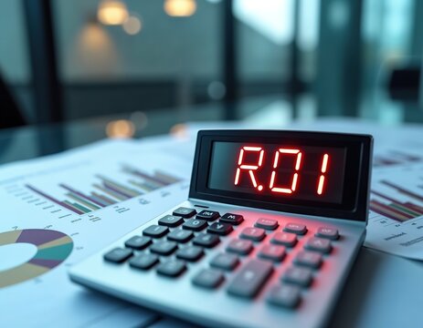 Focused view of calculator screen with ROI near finance paperwork