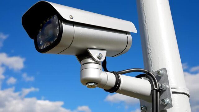 Surveillance camera on pole against sky