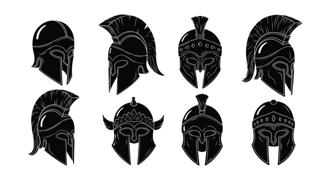 A collection of stylized spartan and ancient greek warrior helmets