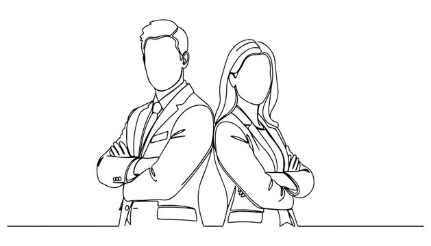Single continuous line drawing of two business professionals in a confident pose