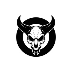 Fototapeta premium Black and white skull with horns inside a circular frame logo design