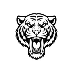 Bold black and white illustration of a roaring tiger head on white background