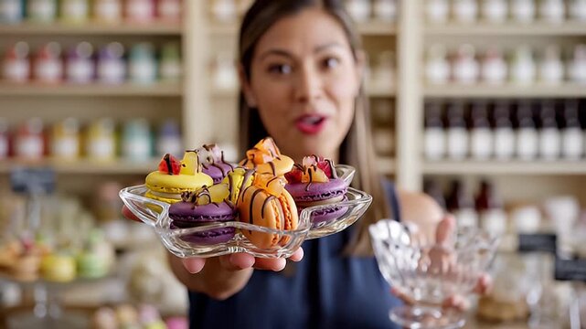 Excited young woman holding a star-shaped plate of colorful macarons and an empty dessert bowl in