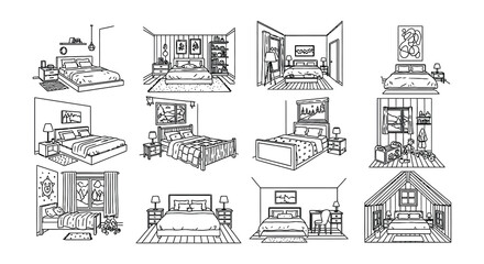 Obraz premium Minimalist bedroom interior designs illustrated in black and white line art