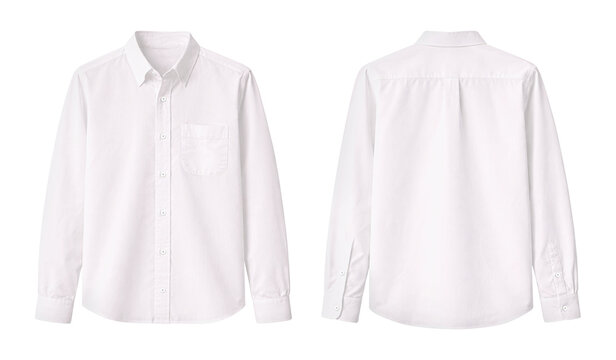 Blank White Long Sleeve Button-Up Shirt Front and Back View Mockup Isolated on Transparent Background