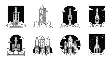 Collection of monochrome rocket ship illustrations in various stages of flight © MdNirob
