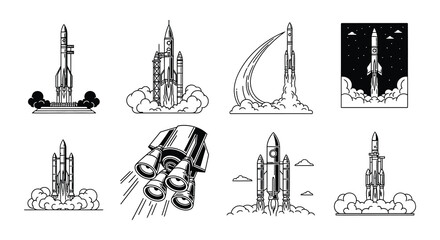 Collection of monochrome rocket ship illustrations in various stages of flight © MdNirob