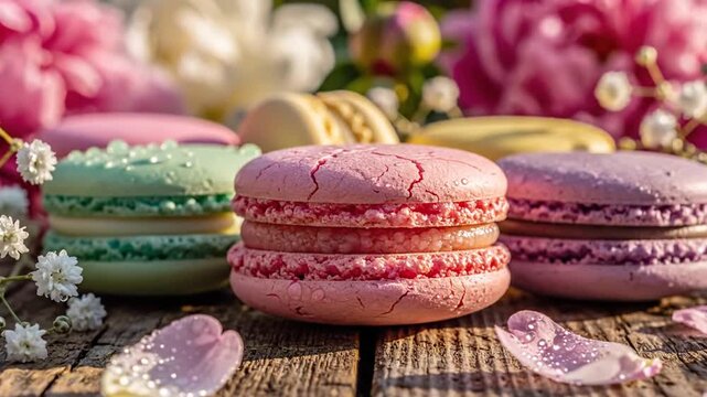 Colorful macaron collection arranged on rustic wooden surface with vibrant flowers in background for bakery or dessert themed advertising