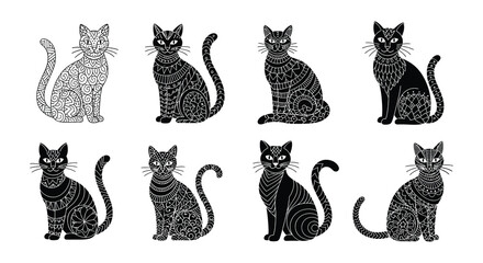 Intricate black and white illustrations of seated cats in various poses © MdNirob