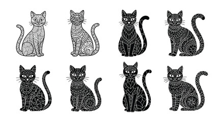 Intricate black and white illustrations of seated cats in various poses © MdNirob