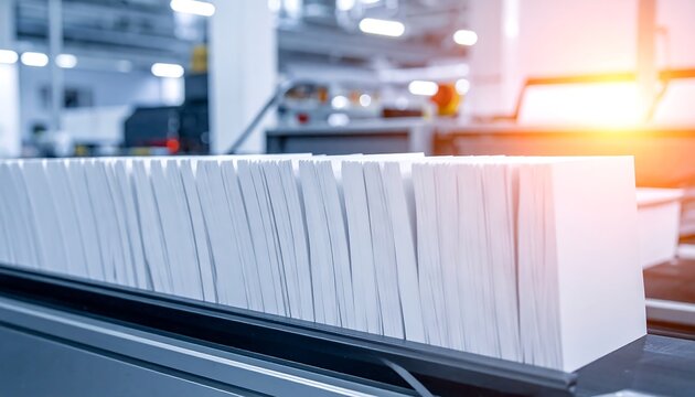 Stack of White Paper on Conveyor Belt in Printing Factory.