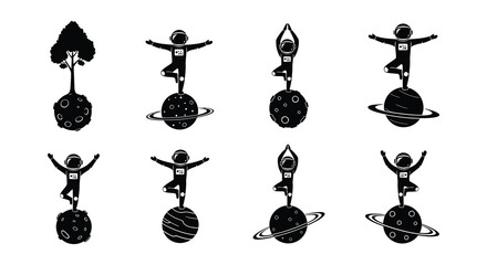 Astronauts practicing yoga poses on celestial bodies in a graphic design © MdNirob