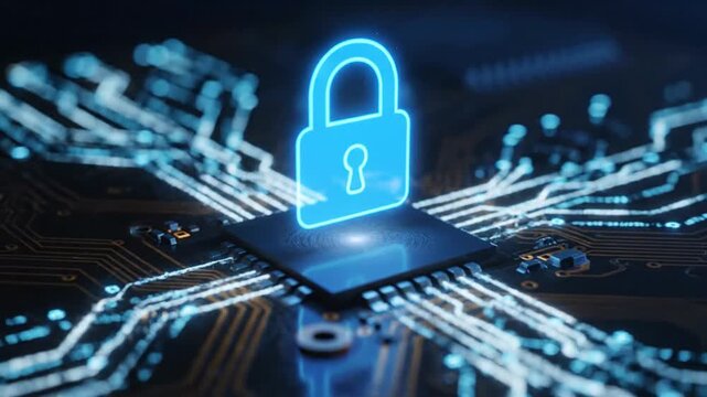 A glowing blue padlock on a circuit board represents cybersecurity and data protection in a digital environment.