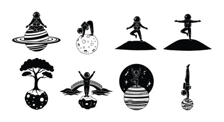 Astronauts practicing yoga poses on celestial bodies in a graphic design © MdNirob
