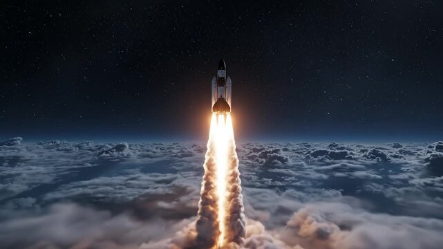 Space rocket launching into clouds