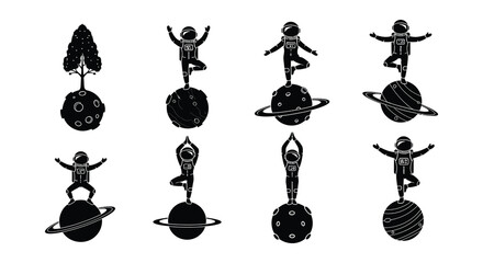 Astronauts practicing yoga poses on celestial bodies in a graphic design © MdNirob