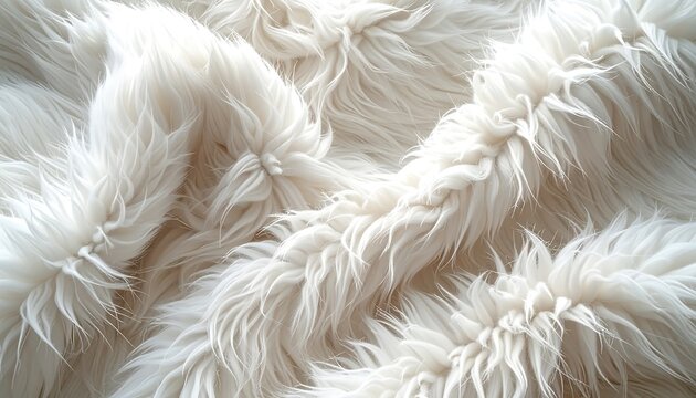Close-up of fluffy, white fur texture with light and shadows creating depth, resembling a soft, warm blanket