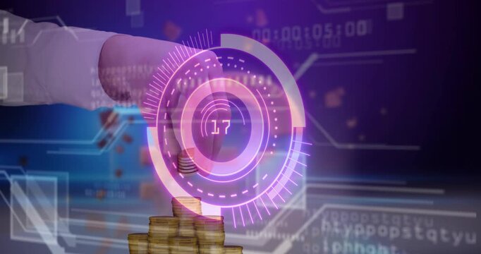 UI appearing over coins, hand hovering and adjusting while rings cycling numbers monitoring value