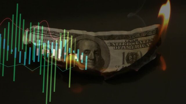 Hundred-dollar note receiving flame at right edge, charring paper while audio bars rising for sound