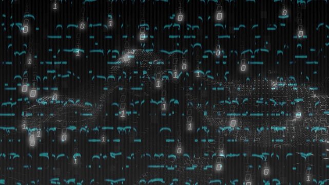 Abstract data on faint binary sparks, drifting digits merging into bright ridge showing surge