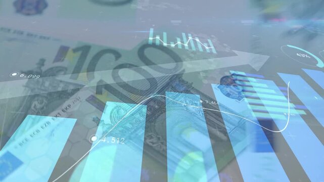 Camera panning starting blue bars animating trend line tracing 100&euro; notes fading showing money link