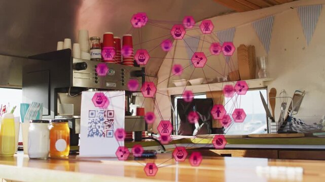 Pink node network fading in on QR sign growing pulsing shifting right panning highlighting orders