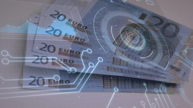 Blue overlay rising, HUD scanning 20&euro; notes as circuits lighting, camera tilting to verify security
