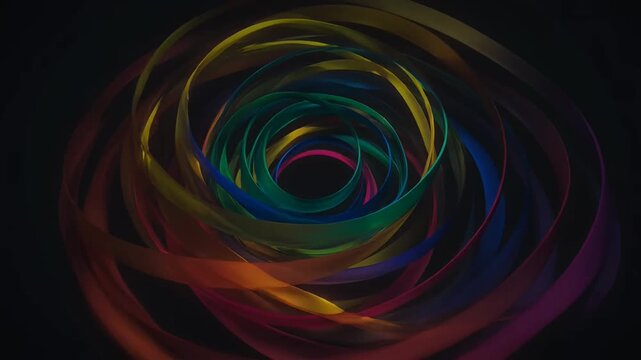 Abstract concentric spiral of colorful ribbons against a dark background image