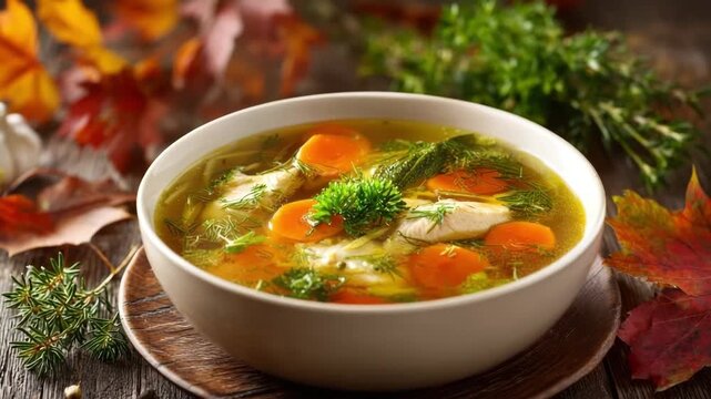 Bowl of chicken soup with vegetables on rustic table in autumn setting. Bowl of warm chicken and vegetable soup with garlic and herbs. cozy food concept