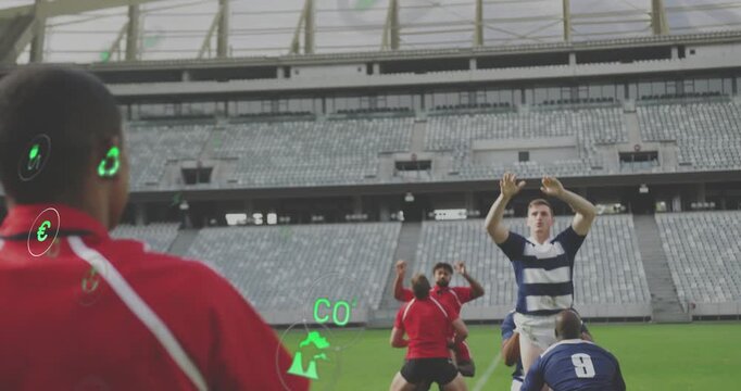 Red thrower throwing for rugby lineout, green icons over players, jumper securing possession