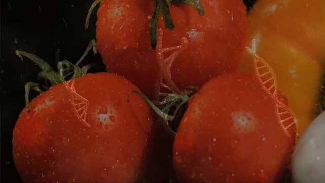 DNA helix appearing over cherry tomatoes, drifting down, layering, and suggesting freshness