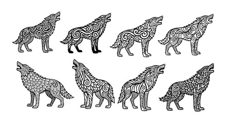 Obraz premium Intricate black and white illustration of howling wolves in various poses