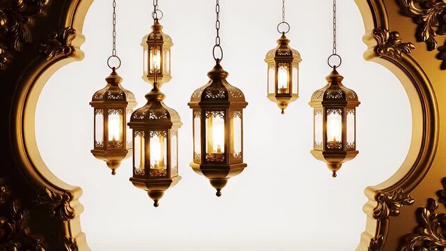 Golden Arabic Lanterns Hanging Ornate Decorative Frame Ramadan Mubarak Islamic Celebration Festive
