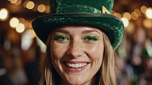 Smiling woman with green makeup and hat celebrates Saint Patricks Day.