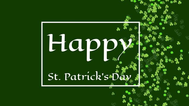 White rectangle and greeting text appearing, reveal causing clovers drifting in to form green band