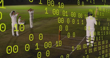 Arranging four cricketers on pitch at night, batter with pads, bat by stumps, neon binary overlay © vectorfusionart