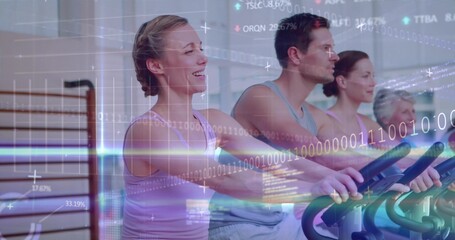 Pedaling four adults wearing sportswear on exercise bikes in gym studio, with data overlay