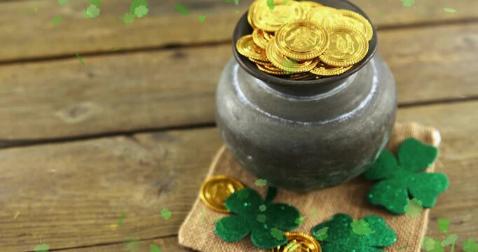 Metal pot on burlap, on start sending clover bits drifting and frame tilting, creating festive feel