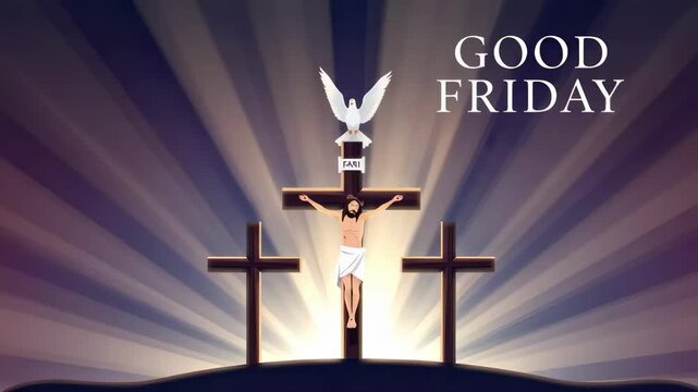 Good friday depiction of jesus crucified on three crosses on hill at sunrise with dove and radiant light, religious christian memorial scene