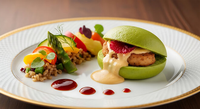 Dorayaki salado de matcha con relleno de legumbres y verduras en emplatado gourmet