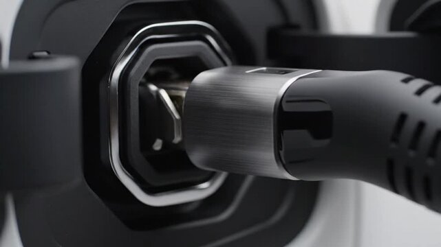 Close up of an electric vehicle charging port with charging plug connected for sustainable transportation