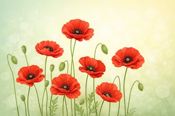 Obraz premium Multiple red poppy flowers with slender green stems and unopened buds arranged against soft green to yellow gradient background with subtle light bokeh. Delicate petals and dark centers visible